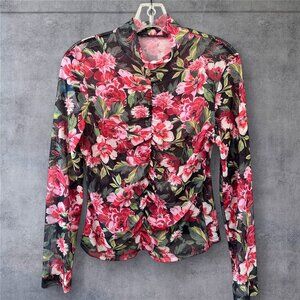 BOUTIQUE MESH FLORAL RUCHED FRONT MOCK NECK TOP